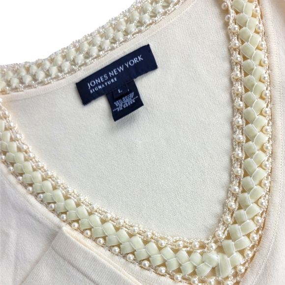 Jones NY Signature Pearls & Braid Collar V-neck Sweater - Picture 3 of 8
